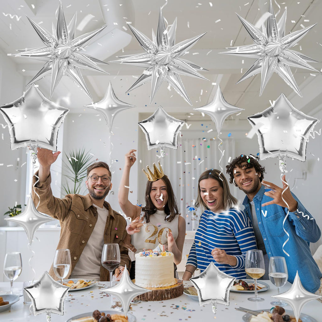Froova Metallic Silver Star Foil Balloons - 16-Piece Set with 22, 18, 10 Inch Stars for New Year, Baby Shower, Wedding