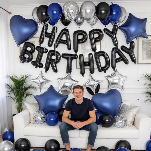Froova Navy Blue & Black Birthday Balloon Set – 29-Piece Party Decor with Metallic Stars and Heart Foil Balloons