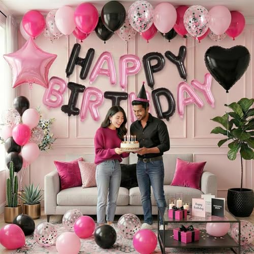 Froova Pink and Black Balloon Set for Birthday Party – 29 Pieces with Star, Heart, and HAPPY BIRTHDAY Banner