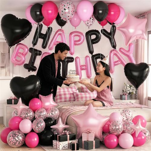 Froova Pink and Black Balloon Set for Birthday Party – 29 Pieces with Star, Heart, and HAPPY BIRTHDAY Banner