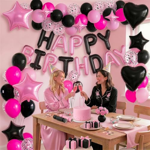 Froova Pink and Black Balloon Set for Birthday Party – 29 Pieces with Star, Heart, and HAPPY BIRTHDAY Banner