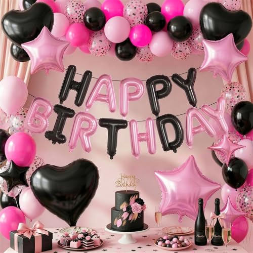 Froova Pink and Black Balloon Set for Birthday Party – 29 Pieces with Star, Heart, and HAPPY BIRTHDAY Banner