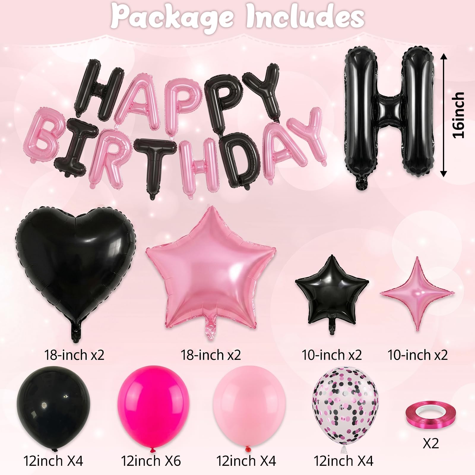 Froova Pink and Black Balloon Set for Birthday Party – 29 Pieces with Star, Heart, and HAPPY BIRTHDAY Banner