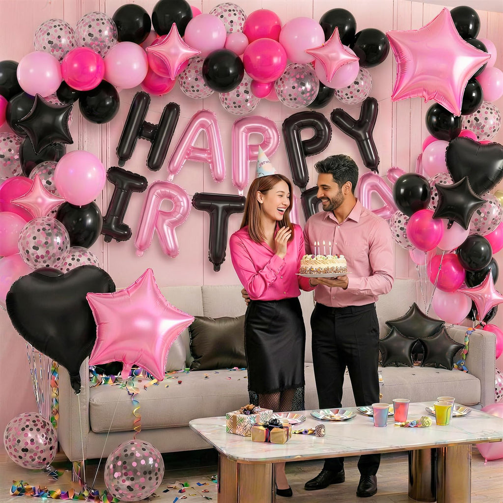 Froova Pink and Black Balloon Set for Birthday Party – 29 Pieces with Star, Heart, and HAPPY BIRTHDAY Banner
