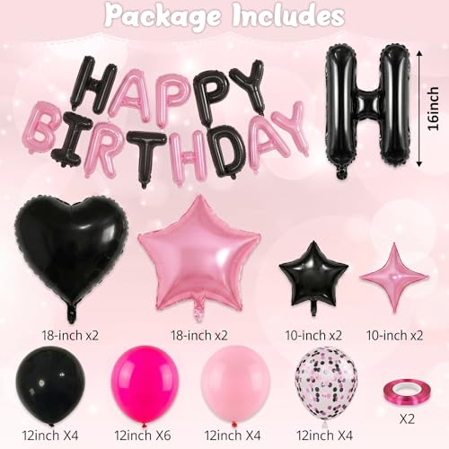 Froova Pink and Black Balloon Set for Birthday Party – 29 Pieces with Star, Heart, and HAPPY BIRTHDAY Banner