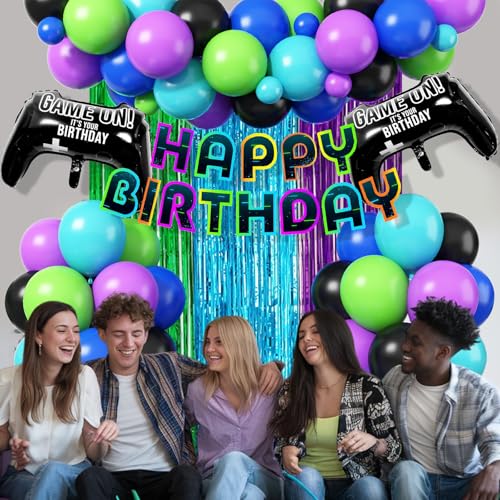 Froova Video Game Birthday Decorations – 72-Piece Gaming Party Kit with Controller Balloons & Fringe Curtain