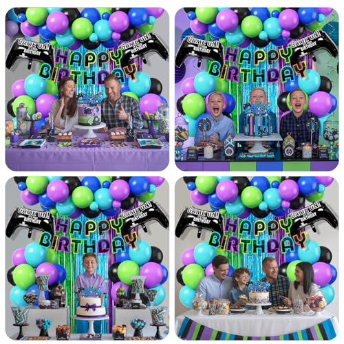Froova Video Game Birthday Decorations – 72-Piece Gaming Party Kit with Controller Balloons & Fringe Curtain