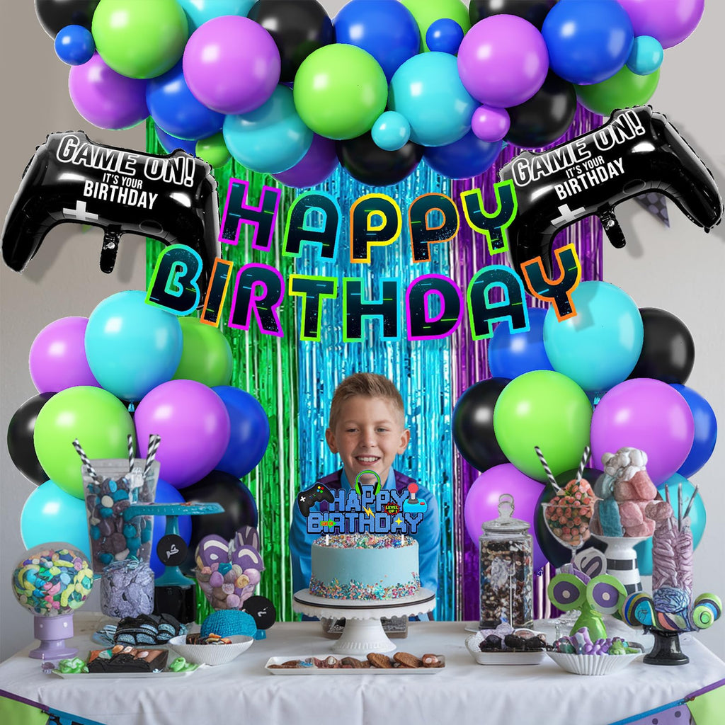 Froova Video Game Birthday Decorations – 72-Piece Gaming Party Kit with Controller Balloons & Fringe Curtain