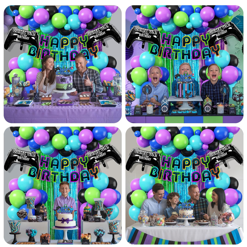 Froova Video Game Birthday Decorations – 72-Piece Gaming Party Kit with Controller Balloons & Fringe Curtain