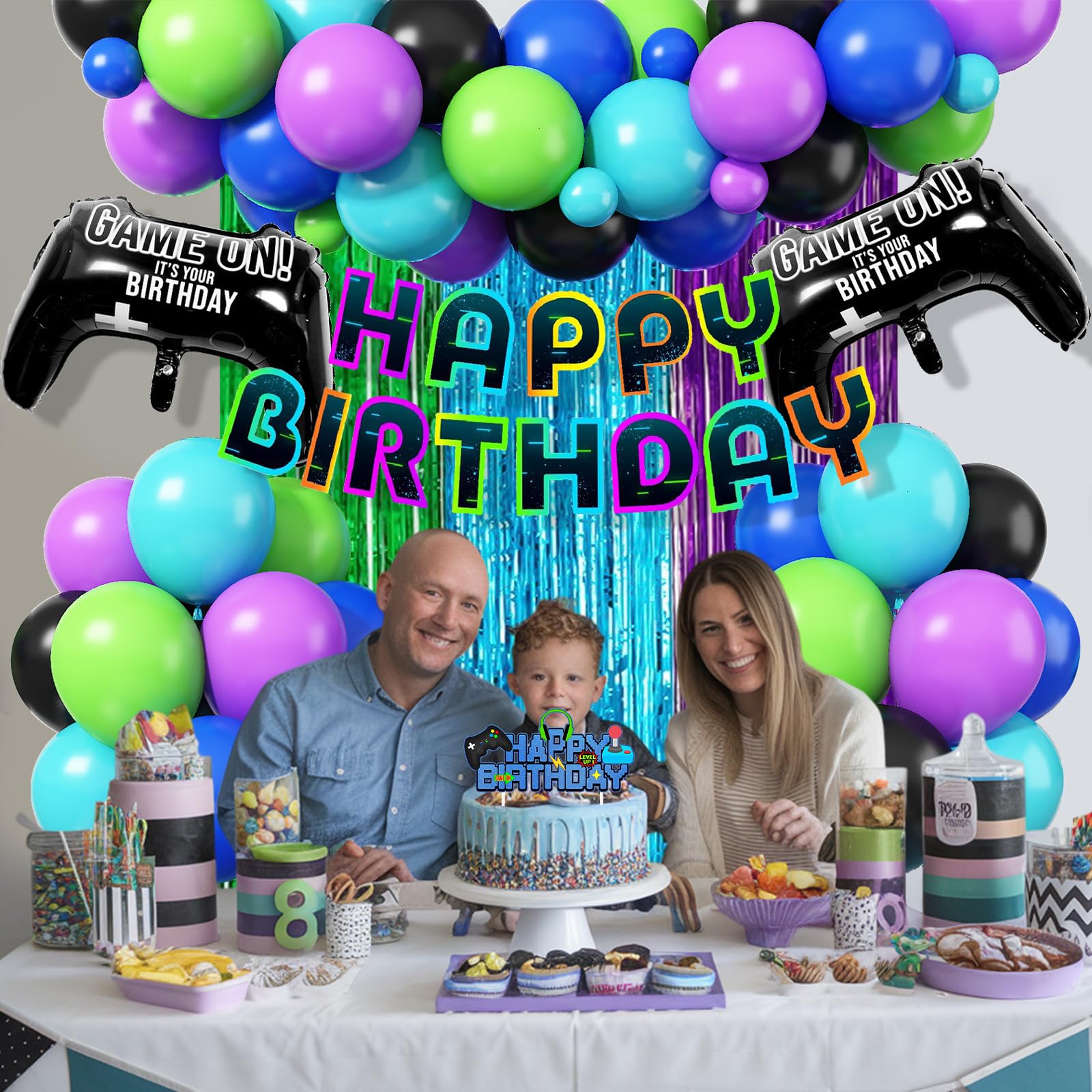 Froova Video Game Birthday Decorations – 72-Piece Gaming Party Kit with Controller Balloons & Fringe Curtain
