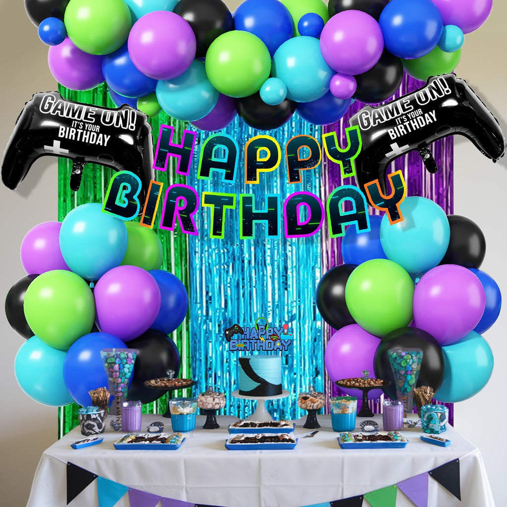 Froova Video Game Birthday Decorations – 72-Piece Gaming Party Kit with Controller Balloons & Fringe Curtain