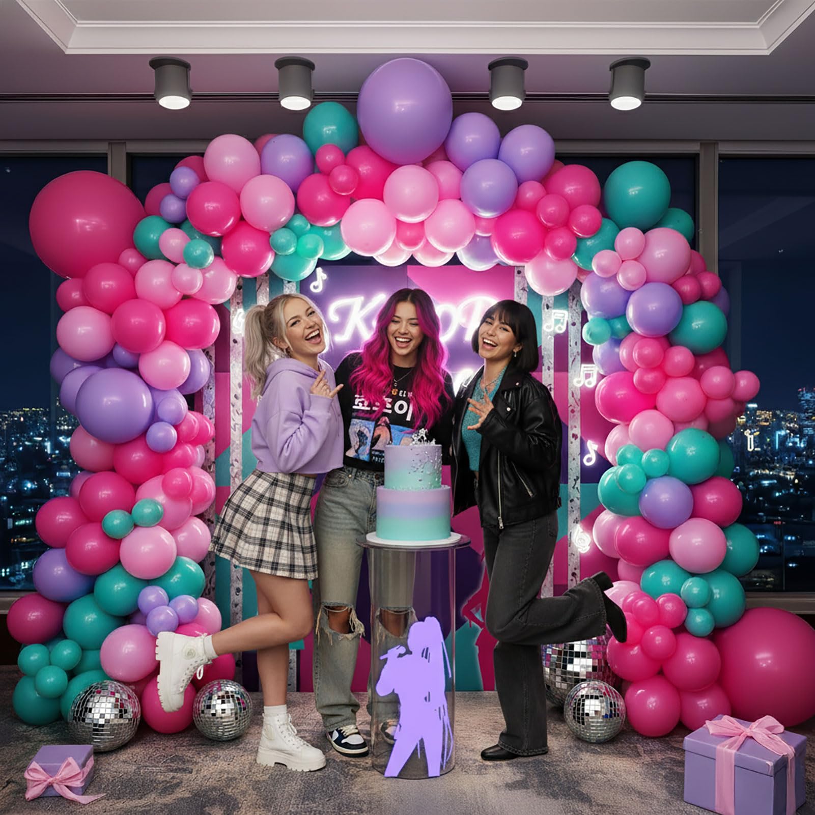 froufing K-Pop Themed Balloon Arch Kit – 152 Hot Pink, Teal & Purple Balloons with Tools