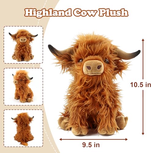 FSUGT Highland Cow Plush Toy – 10.5-Inch Soft Scottish Cow Stuffed Animal, Long-Horned Fluffy Farm Animal Decor for Kids and Adults (Brown Cow)