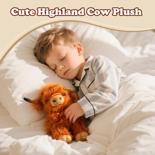 FSUGT Highland Cow Plush Toy – 10.5-Inch Soft Scottish Cow Stuffed Animal, Long-Horned Fluffy Farm Animal Decor for Kids and Adults (Brown Cow)