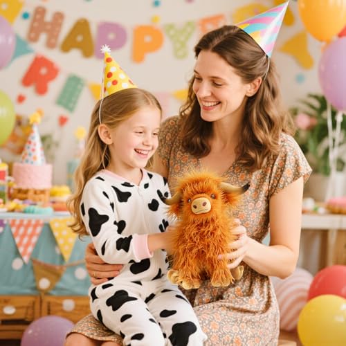 FSUGT Highland Cow Plush Toy – 10.5-Inch Soft Scottish Cow Stuffed Animal, Long-Horned Fluffy Farm Animal Decor for Kids and Adults (Brown Cow)