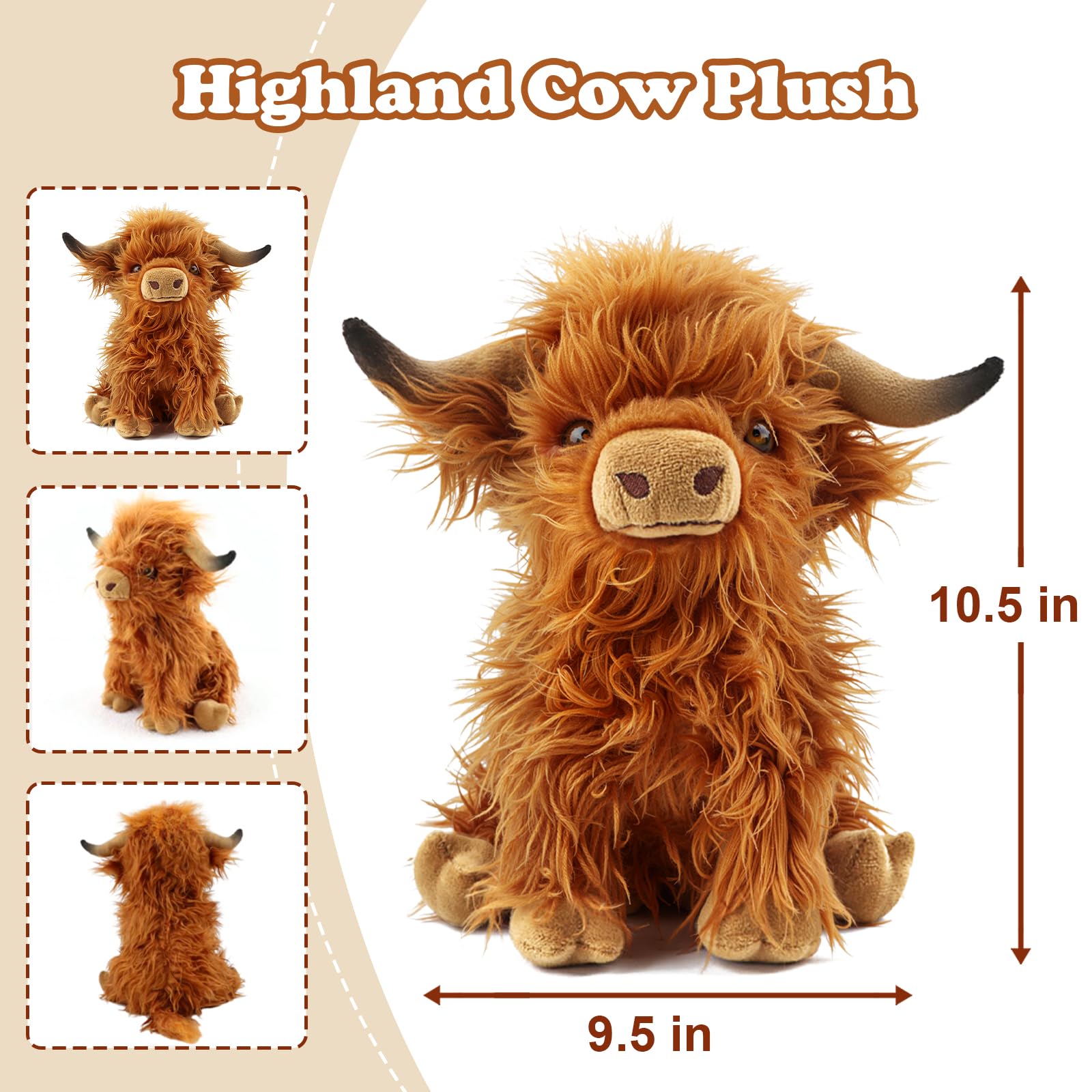 FSUGT Highland Cow Plush Toy – 10.5-Inch Soft Scottish Cow Stuffed Animal, Long-Horned Fluffy Farm Animal Decor for Kids and Adults (Brown Cow)
