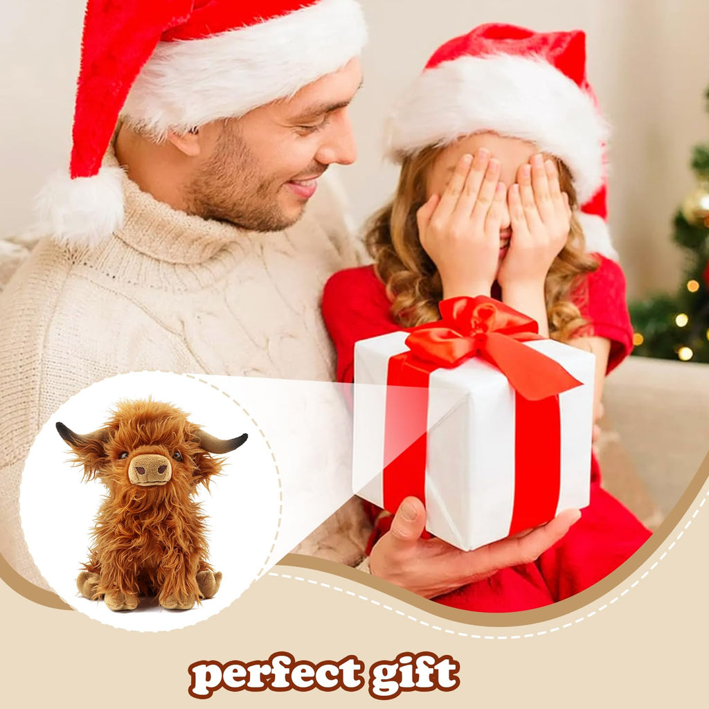 FSUGT Highland Cow Plush Toy – 10.5-Inch Soft Scottish Cow Stuffed Animal, Long-Horned Fluffy Farm Animal Decor for Kids and Adults (Brown Cow)