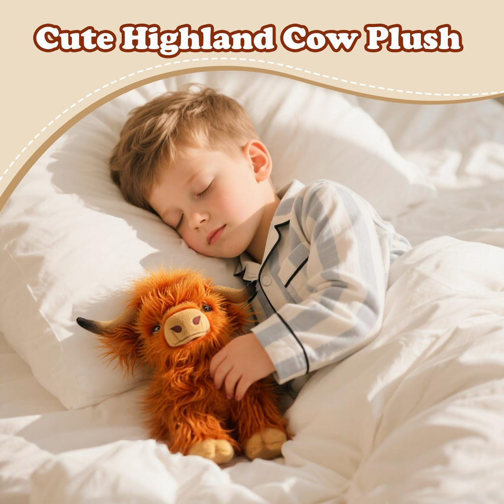 FSUGT Highland Cow Plush Toy – 10.5-Inch Soft Scottish Cow Stuffed Animal, Long-Horned Fluffy Farm Animal Decor for Kids and Adults (Brown Cow)