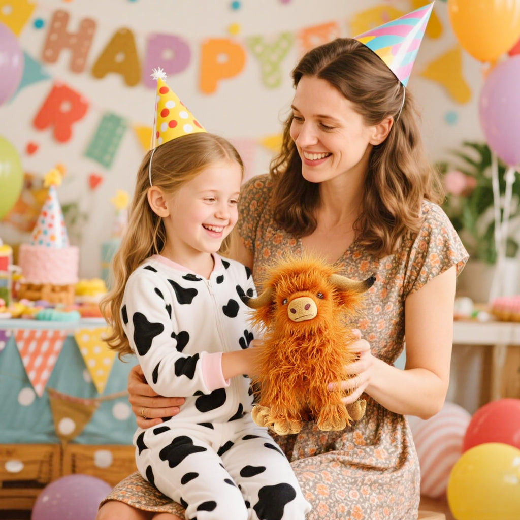 FSUGT Highland Cow Plush Toy – 10.5-Inch Soft Scottish Cow Stuffed Animal, Long-Horned Fluffy Farm Animal Decor for Kids and Adults (Brown Cow)
