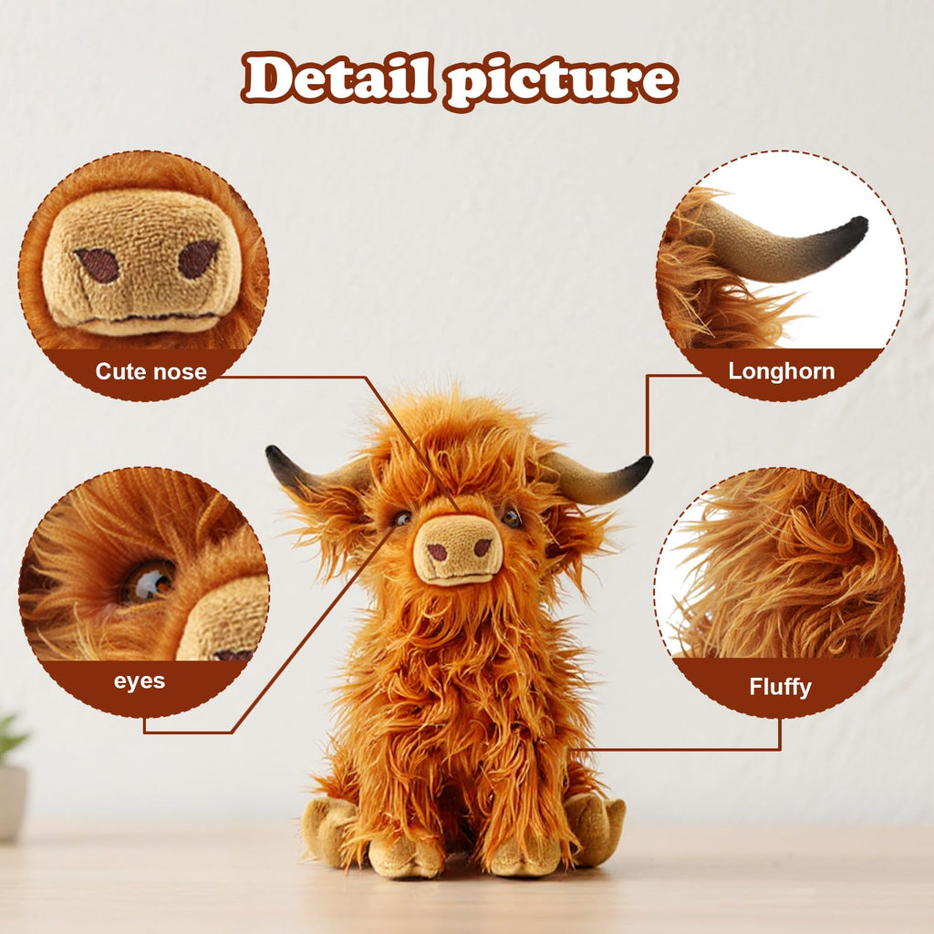 FSUGT Highland Cow Plush Toy – 10.5-Inch Soft Scottish Cow Stuffed Animal, Long-Horned Fluffy Farm Animal Decor for Kids and Adults (Brown Cow)