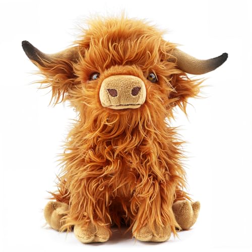 FSUGT Highland Cow Plush Toy – 10.5-Inch Soft Scottish Cow Stuffed Animal, Long-Horned Fluffy Farm Animal Decor for Kids and Adults (Brown Cow)