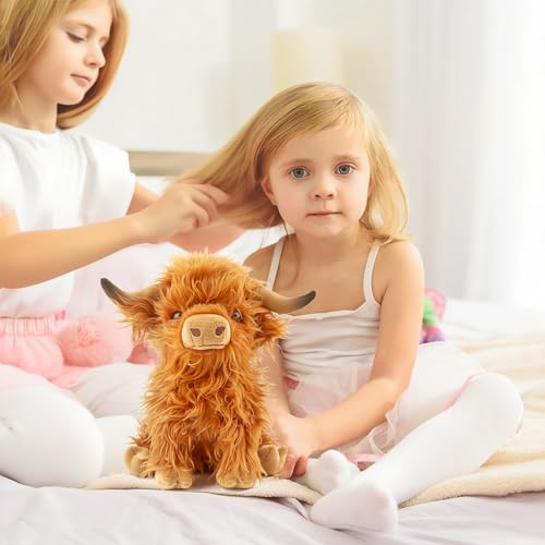 FSUGT Highland Cow Plush Toy – 10.5-Inch Soft Scottish Cow Stuffed Animal, Long-Horned Fluffy Farm Animal Decor for Kids and Adults (Brown Cow)