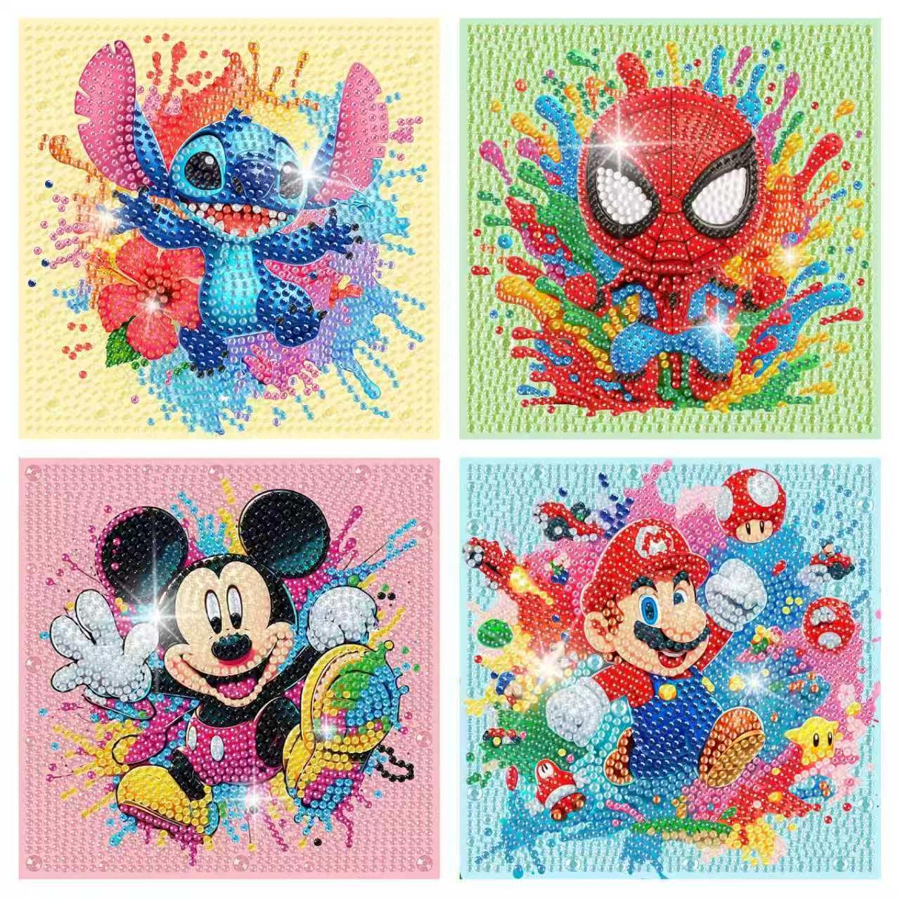 Fuinkqe 4 Pack Diamond Art Kits for Kids - Cartoon Mosaic Painting Sets for Ages 4-12, 6x6 Inch Canvases