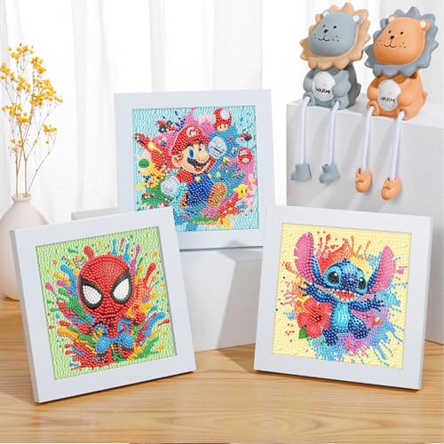 Fuinkqe 4 Pack Diamond Art Kits for Kids - Cartoon Mosaic Painting Sets for Ages 4-12, 6x6 Inch Canvases