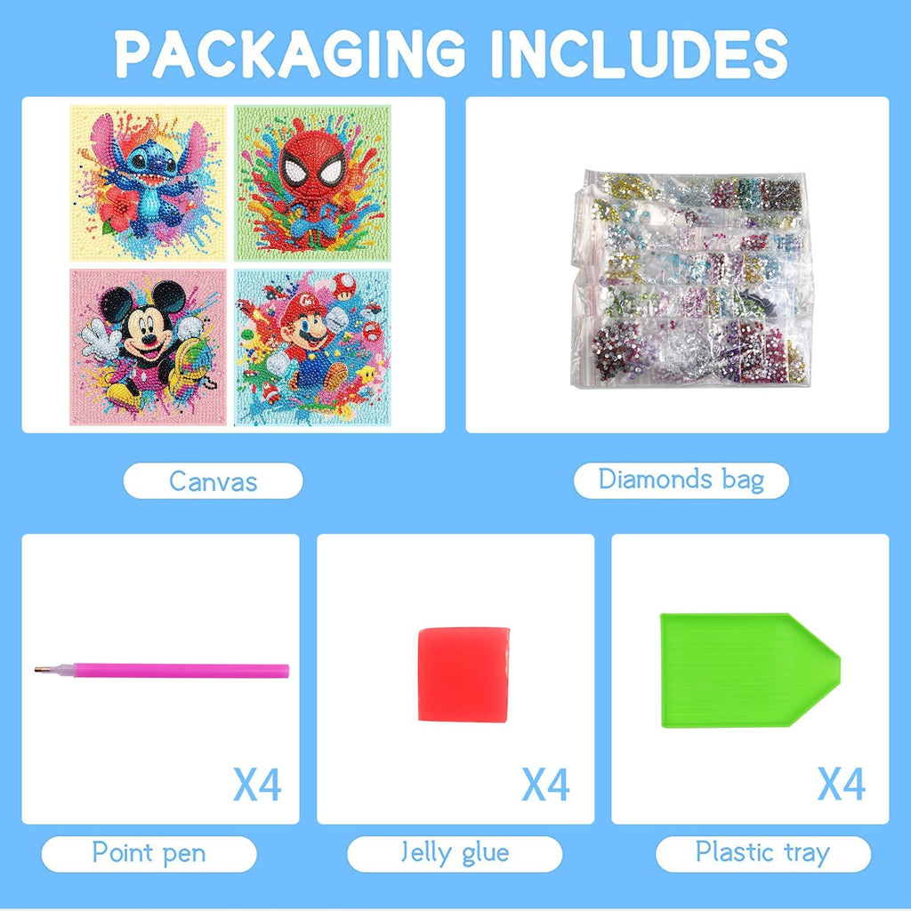 Fuinkqe 4 Pack Diamond Art Kits for Kids - Cartoon Mosaic Painting Sets for Ages 4-12, 6x6 Inch Canvases