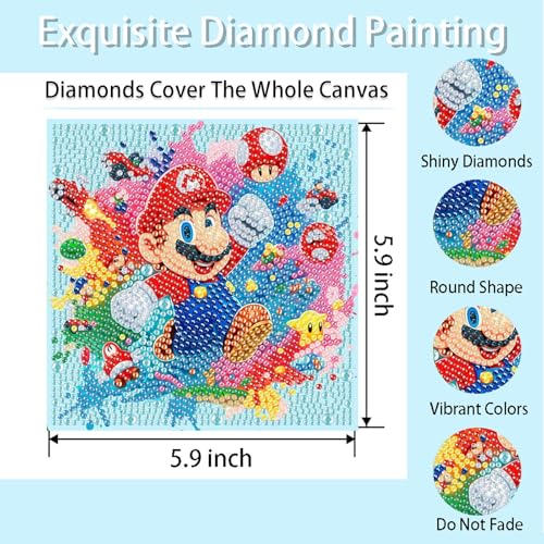 Fuinkqe 4 Pack Diamond Art Kits for Kids - Cartoon Mosaic Painting Sets for Ages 4-12, 6x6 Inch Canvases