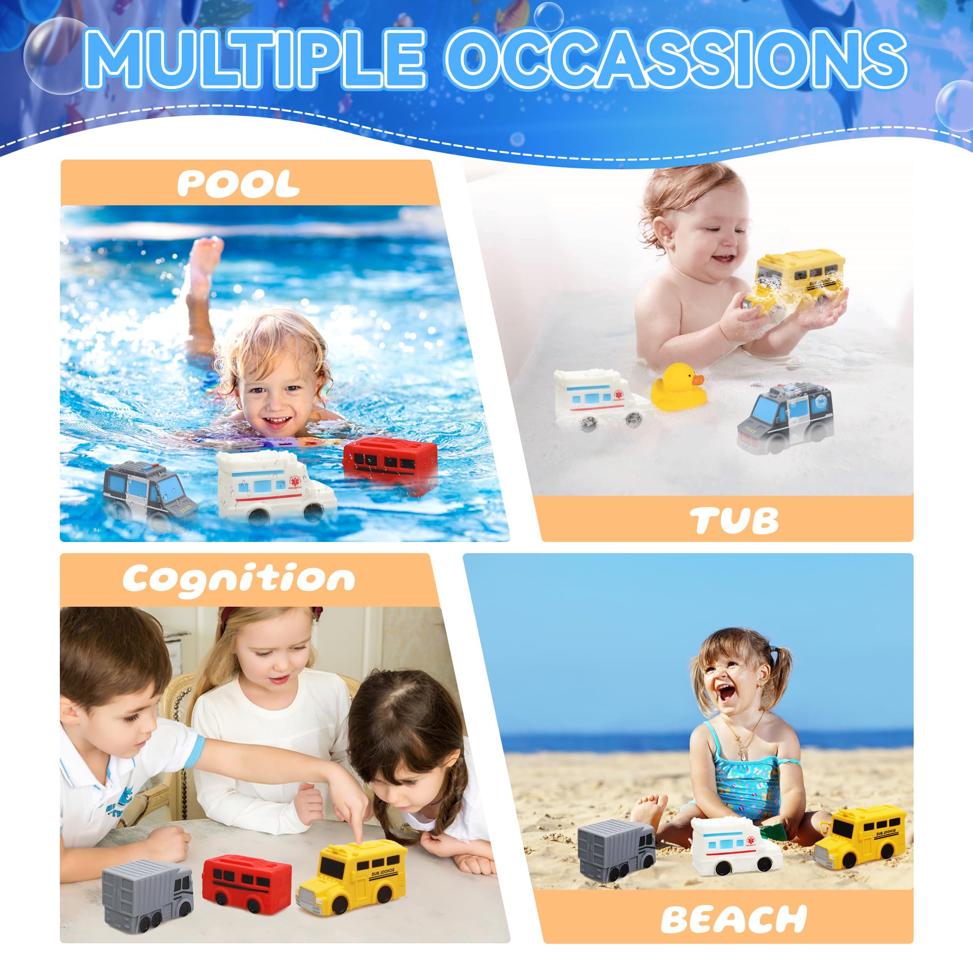 FUIYKA Mold Free Bath Toys – 6 Pack No Hole Silicone Floating Vehicles with Storage Mesh
