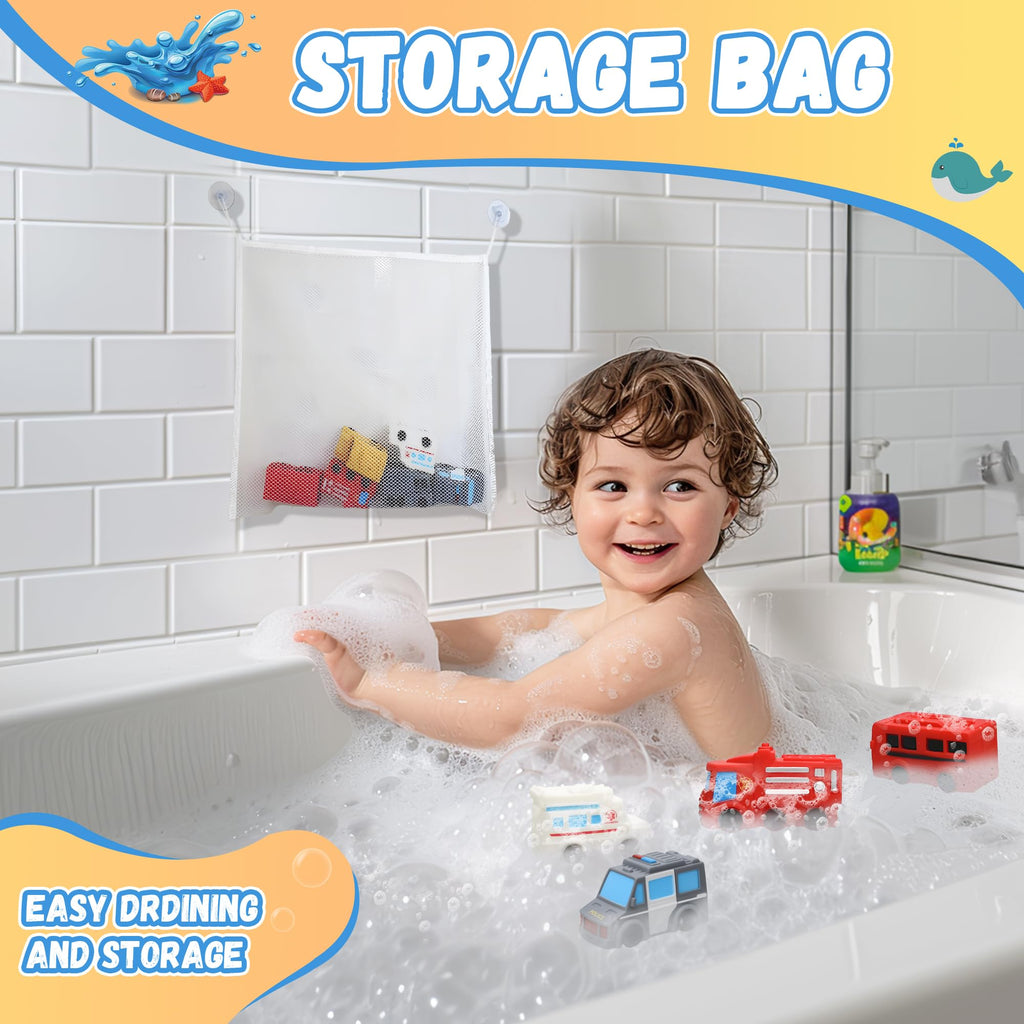 FUIYKA Mold Free Bath Toys – 6 Pack No Hole Silicone Floating Vehicles with Storage Mesh