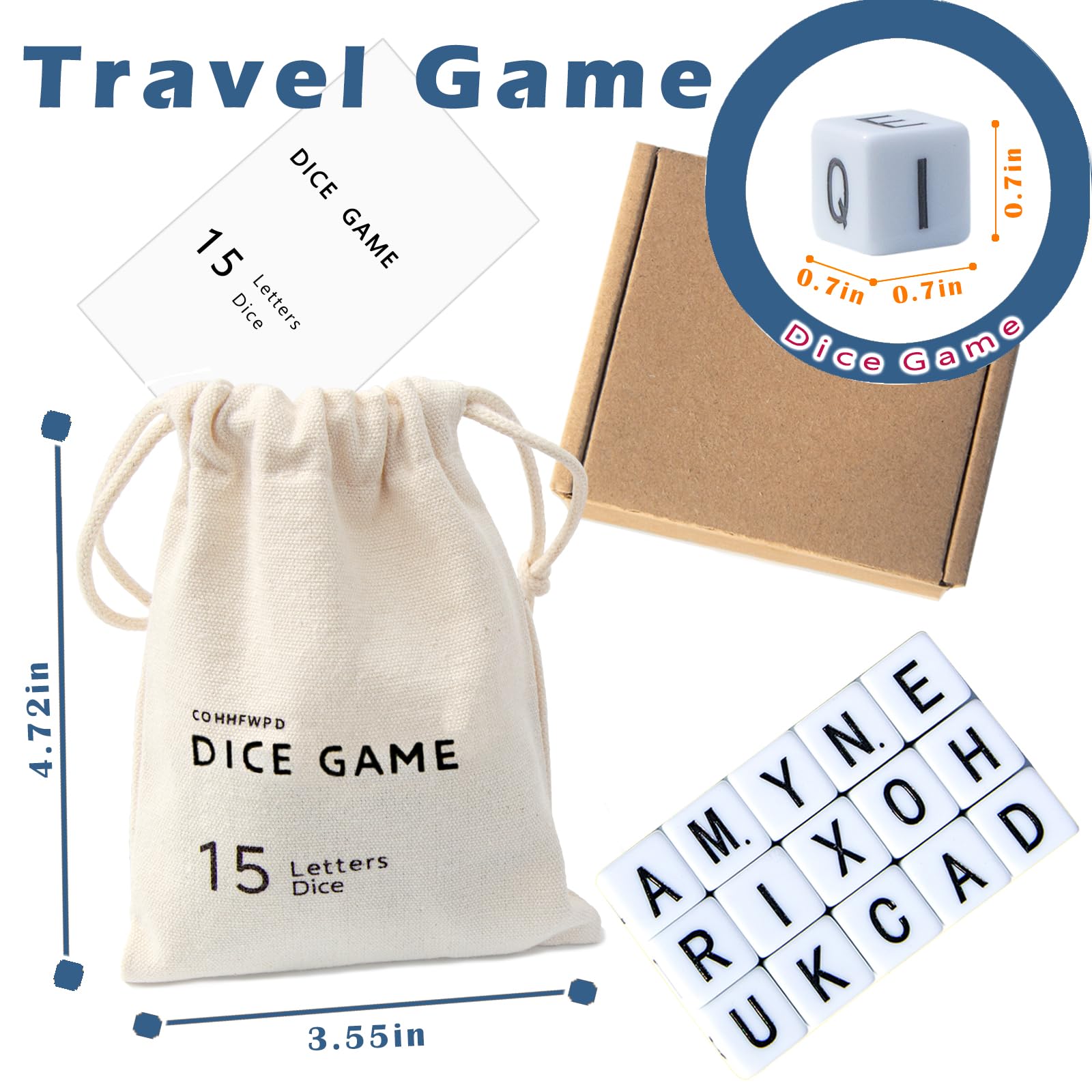Full Alphabet Word Dice Game – 15 Letter Dice with Balanced Vowels & Consonants, Travel-Friendly Canvas Pouch Included