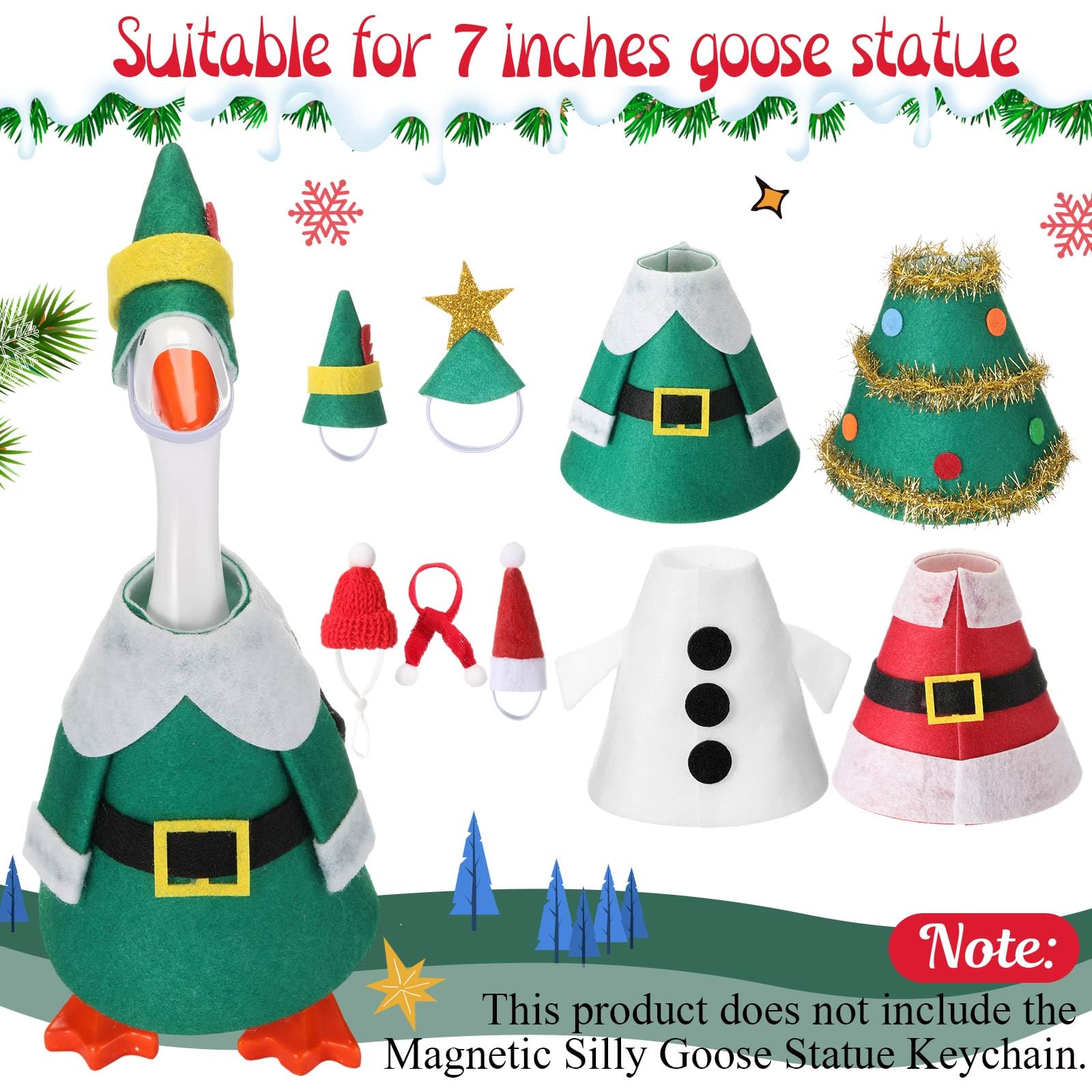 Fullhawl 4 Sets Winter Mini Desk Goose Outfit - Santa, Elf, Tree & Snowman Felt Costumes for 7-Inch Magnetic Silly Goose Statue