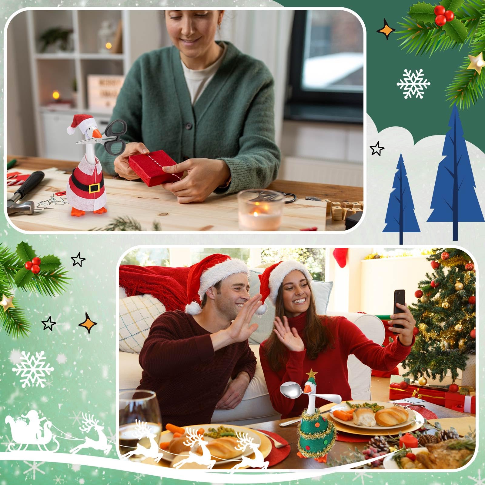 Fullhawl 4 Sets Winter Mini Desk Goose Outfit - Santa, Elf, Tree & Snowman Felt Costumes for 7-Inch Magnetic Silly Goose Statue
