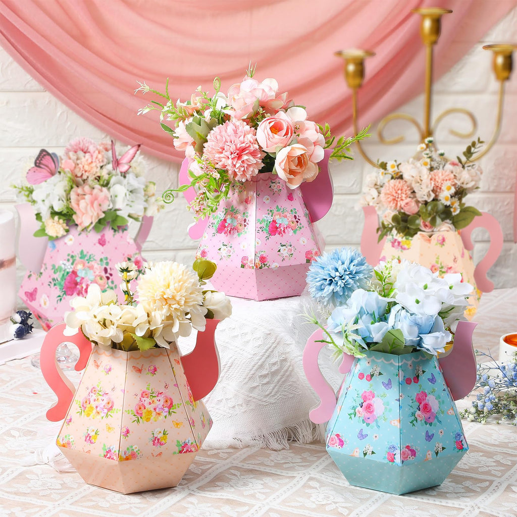Fulmoon 6-Pack Tea Party Decorations - Paper Teapot Centerpieces with Floral Patterns, 6.7-Inch Cardboard Table Decor for Baby Showers, Weddings, Birthdays