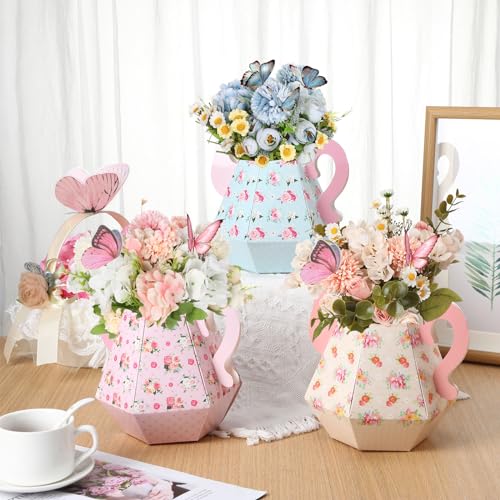 Fulmoon 6-Pack Tea Party Decorations - Paper Teapot Centerpieces with Floral Patterns, 6.7-Inch Cardboard Table Decor for Baby Showers, Weddings, Birthdays