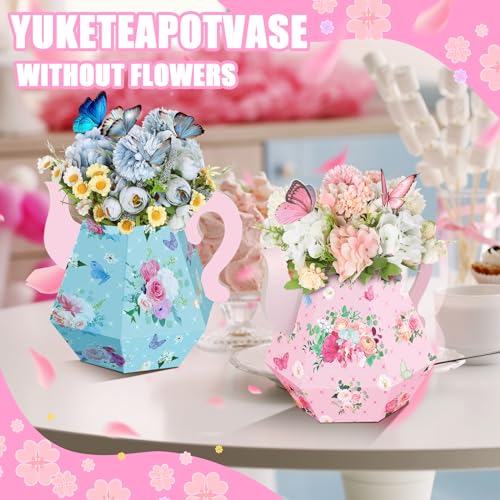 Fulmoon 6-Pack Tea Party Decorations - Paper Teapot Centerpieces with Floral Patterns, 6.7-Inch Cardboard Table Decor for Baby Showers, Weddings, Birthdays