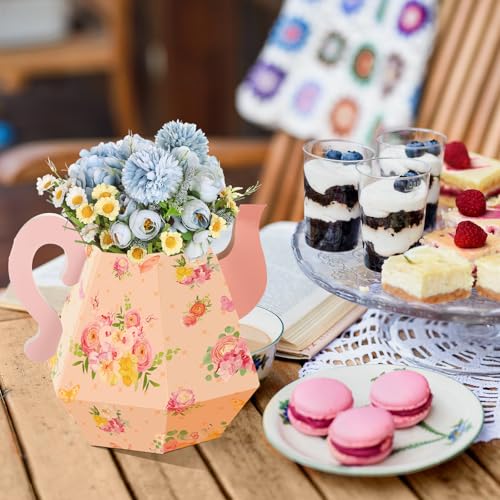 Fulmoon 6-Pack Tea Party Decorations - Paper Teapot Centerpieces with Floral Patterns, 6.7-Inch Cardboard Table Decor for Baby Showers, Weddings, Birthdays