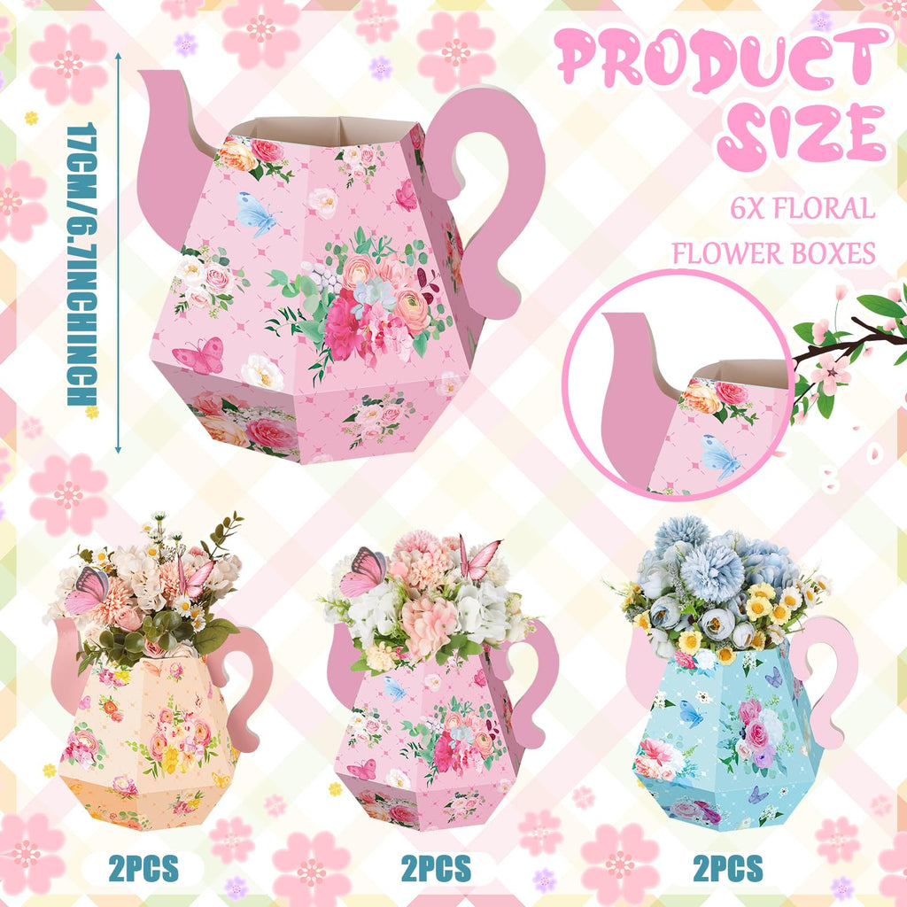 Fulmoon 6-Pack Tea Party Decorations - Paper Teapot Centerpieces with Floral Patterns, 6.7-Inch Cardboard Table Decor for Baby Showers, Weddings, Birthdays