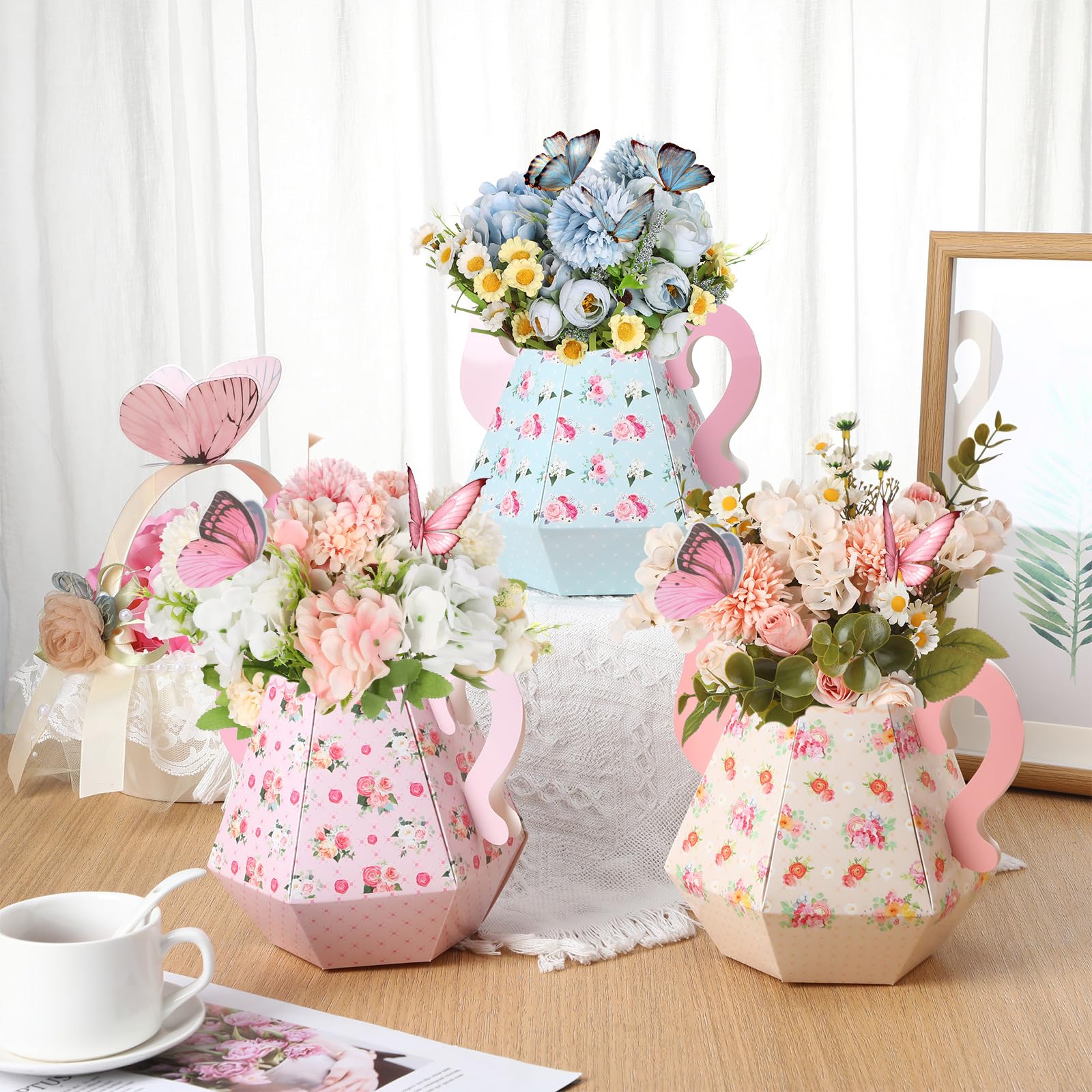 Fulmoon 6-Pack Tea Party Decorations - Paper Teapot Centerpieces with Floral Patterns, 6.7-Inch Cardboard Table Decor for Baby Showers, Weddings, Birthdays