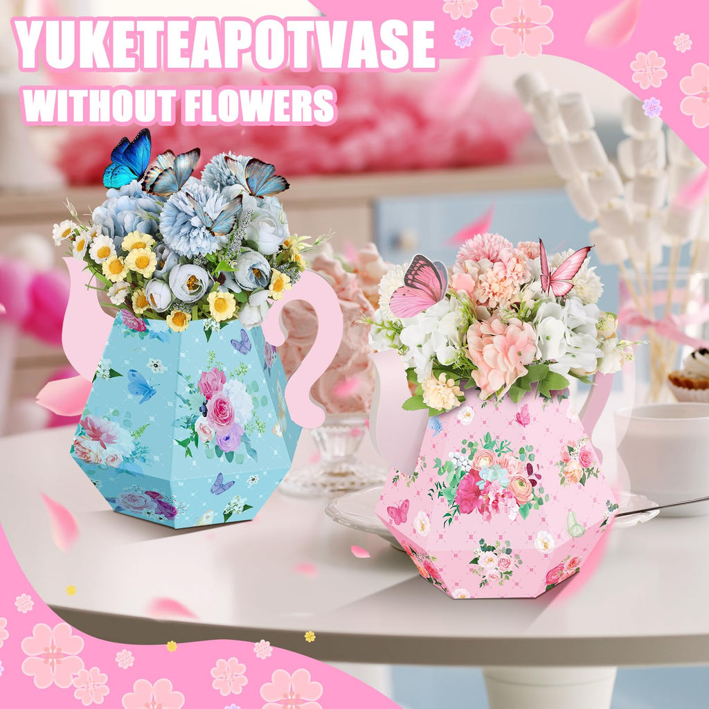 Fulmoon 6-Pack Tea Party Decorations - Paper Teapot Centerpieces with Floral Patterns, 6.7-Inch Cardboard Table Decor for Baby Showers, Weddings, Birthdays