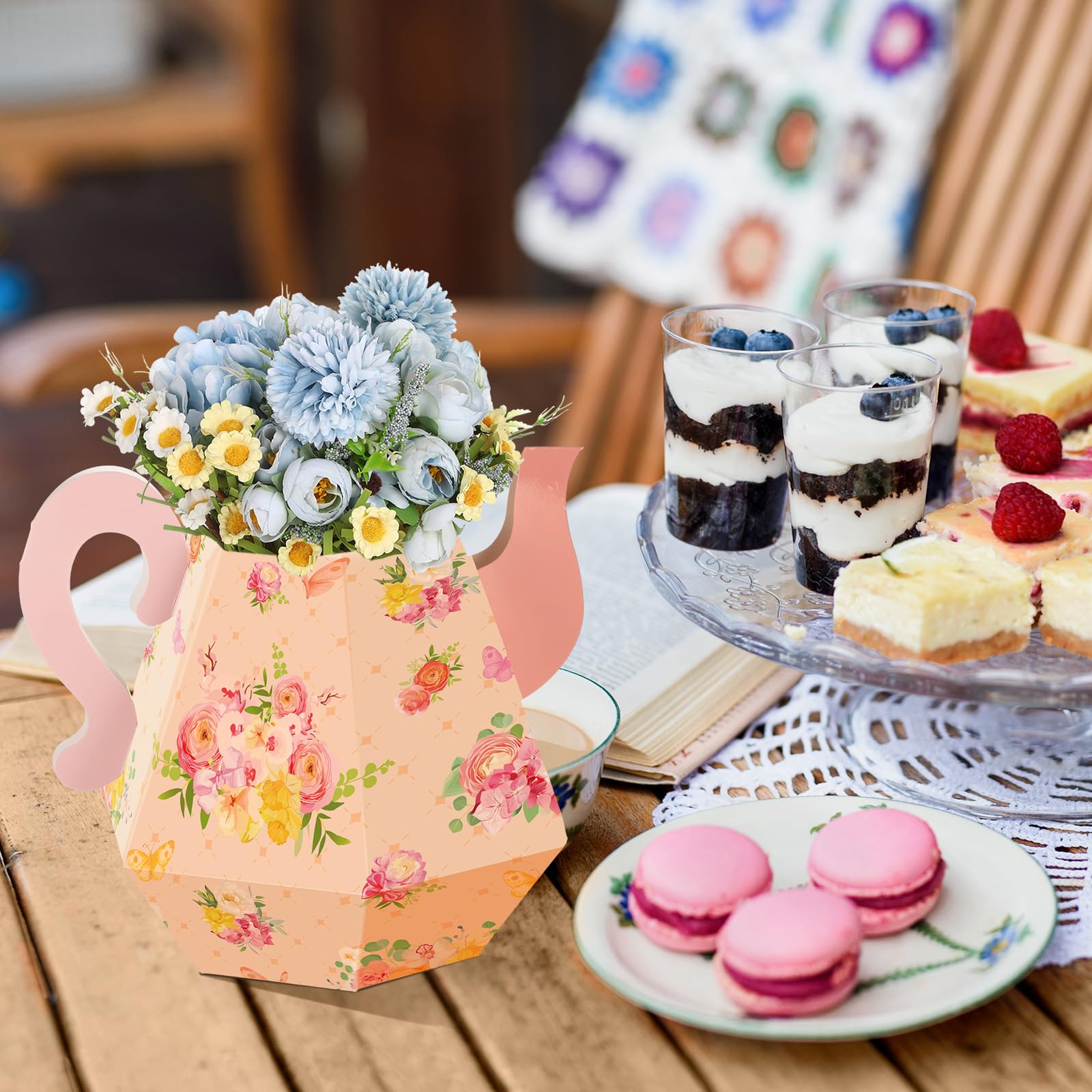 Fulmoon 6-Pack Tea Party Decorations - Paper Teapot Centerpieces with Floral Patterns, 6.7-Inch Cardboard Table Decor for Baby Showers, Weddings, Birthdays