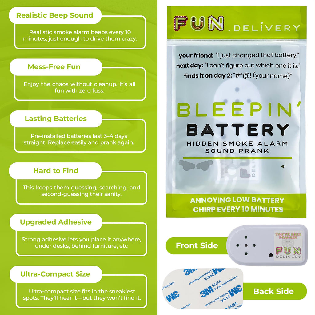 FUN delivery Bleepin' Battery Hidden Noise Maker Prank – Realistic Smoke Alarm Beep Gag for Office Prank Wars & April Fools