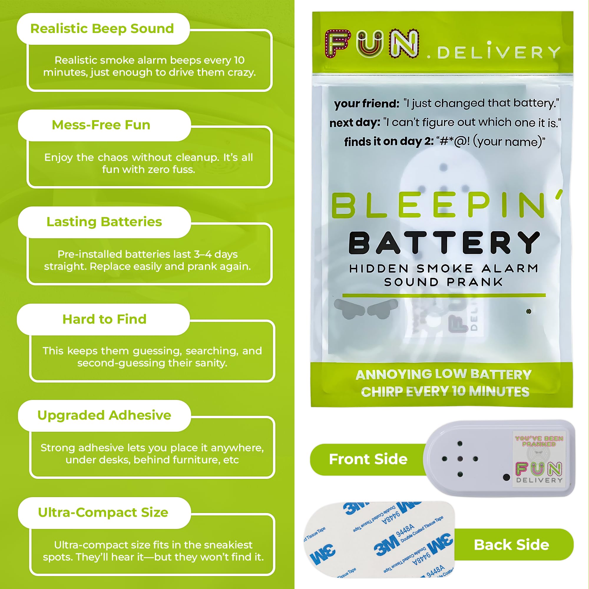 FUN delivery Bleepin' Battery Hidden Noise Maker Prank – Realistic Smoke Alarm Beep Gag for Office Prank Wars & April Fools