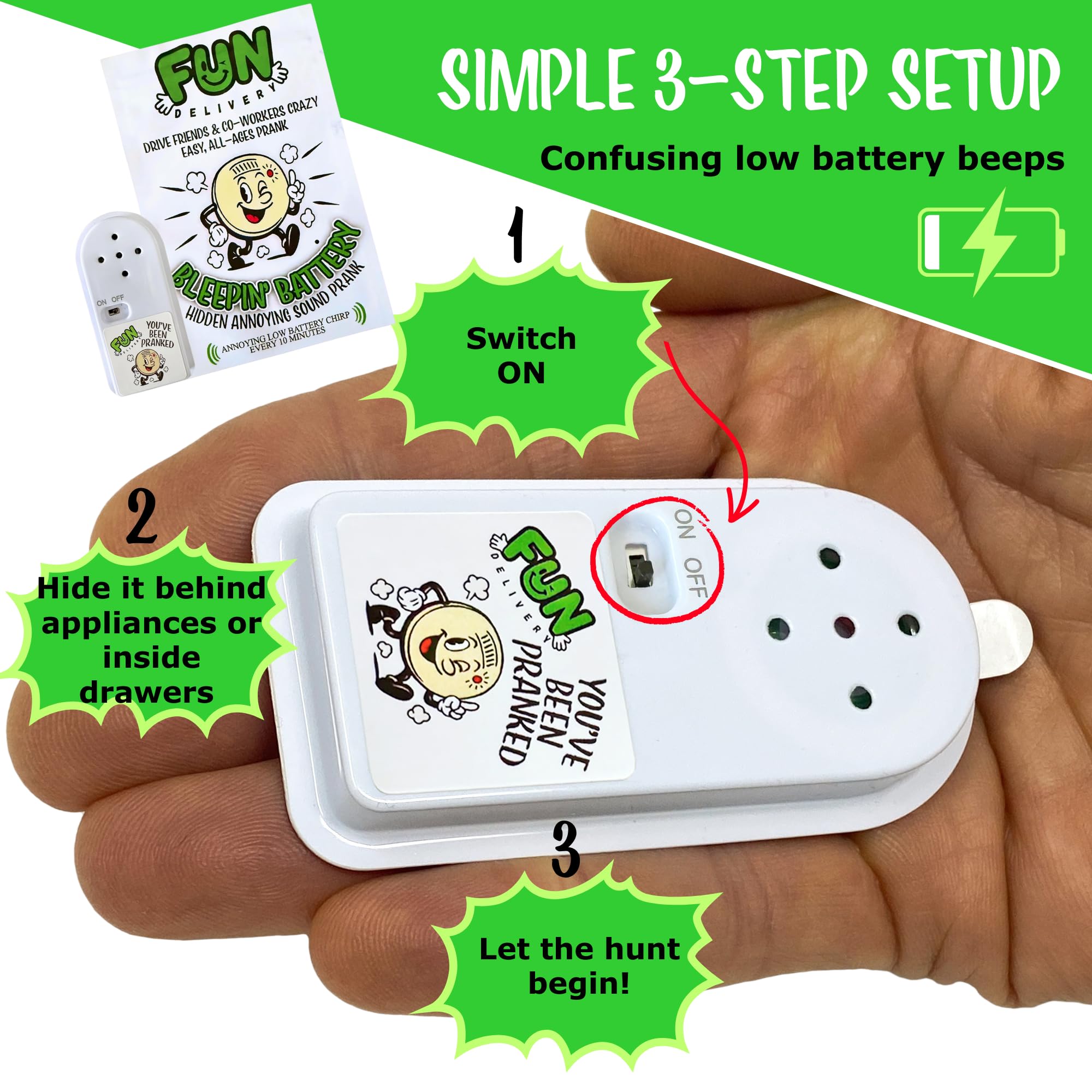 FUN delivery Bleepin' Battery Hidden Noise Maker Prank – Realistic Smoke Alarm Beep Gag for Office Prank Wars & April Fools