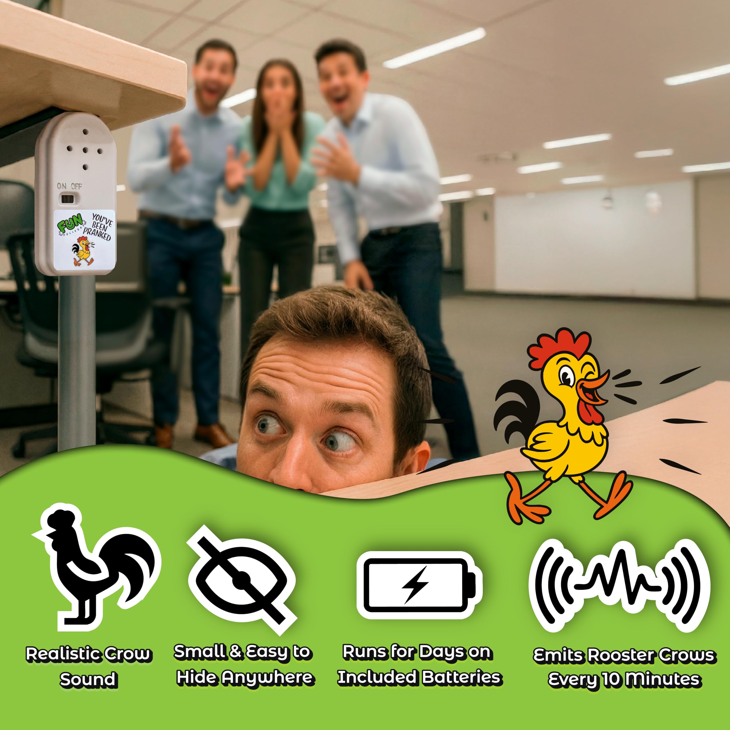 FUN delivery Hidden Rooster Prank Device – Realistic Crow Sound, Ten-Minute Intervals, Adhesive Backing