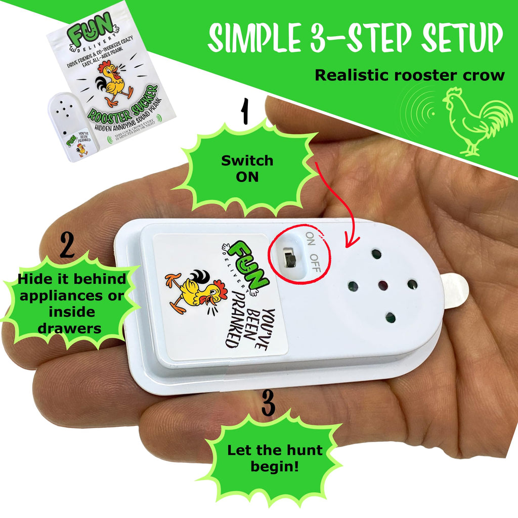 FUN delivery Hidden Rooster Prank Device – Realistic Crow Sound, Ten-Minute Intervals, Adhesive Backing