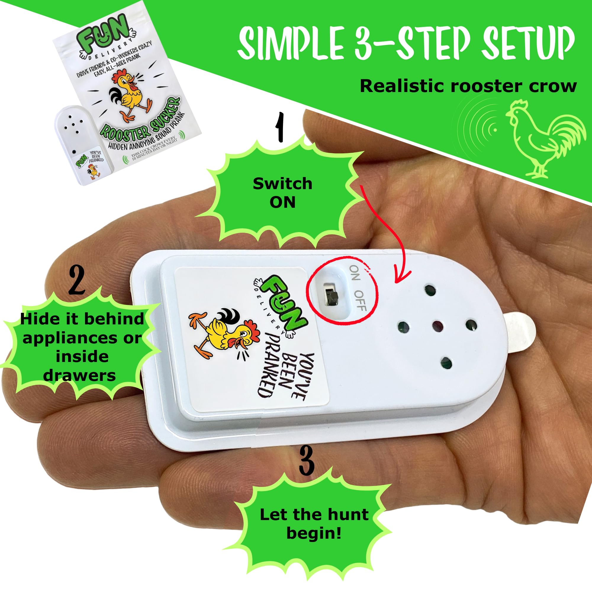 FUN delivery Hidden Rooster Prank Device – Realistic Crow Sound, Ten-Minute Intervals, Adhesive Backing
