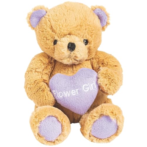 Fun Express Flower Girl Teddy Bear - 8 Inch Plush with Embroidered Purple Heart - Wedding Proposal Gift & Keepsake